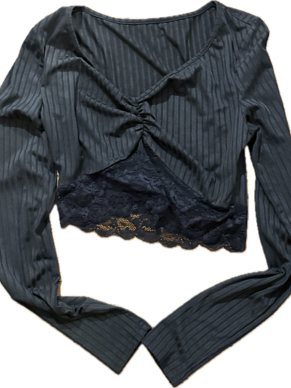 Long Sleeve Ribbed Lace Trim Crop Top - Black